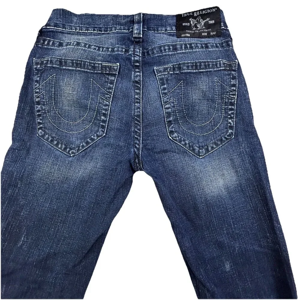 True Religion Jeans Mens 30x33 Blue Rocco Relaxed Skinny Whiskering Embroidered